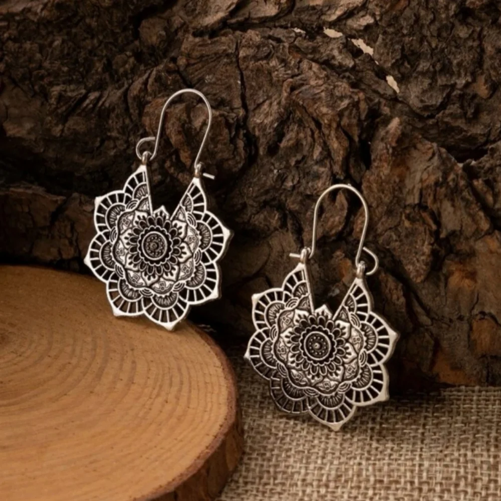 Boho Silver Mandala Earrings! - Picture 2 of 6